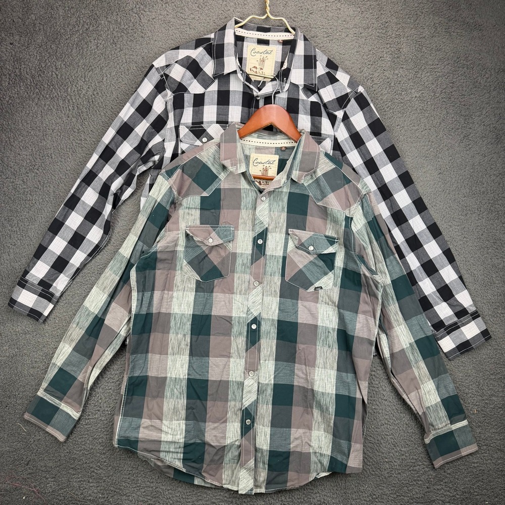 Coastal Mens XL Pearl Snap Plaid Long Sleeve Western Shirt Lot of 2 Black Green
